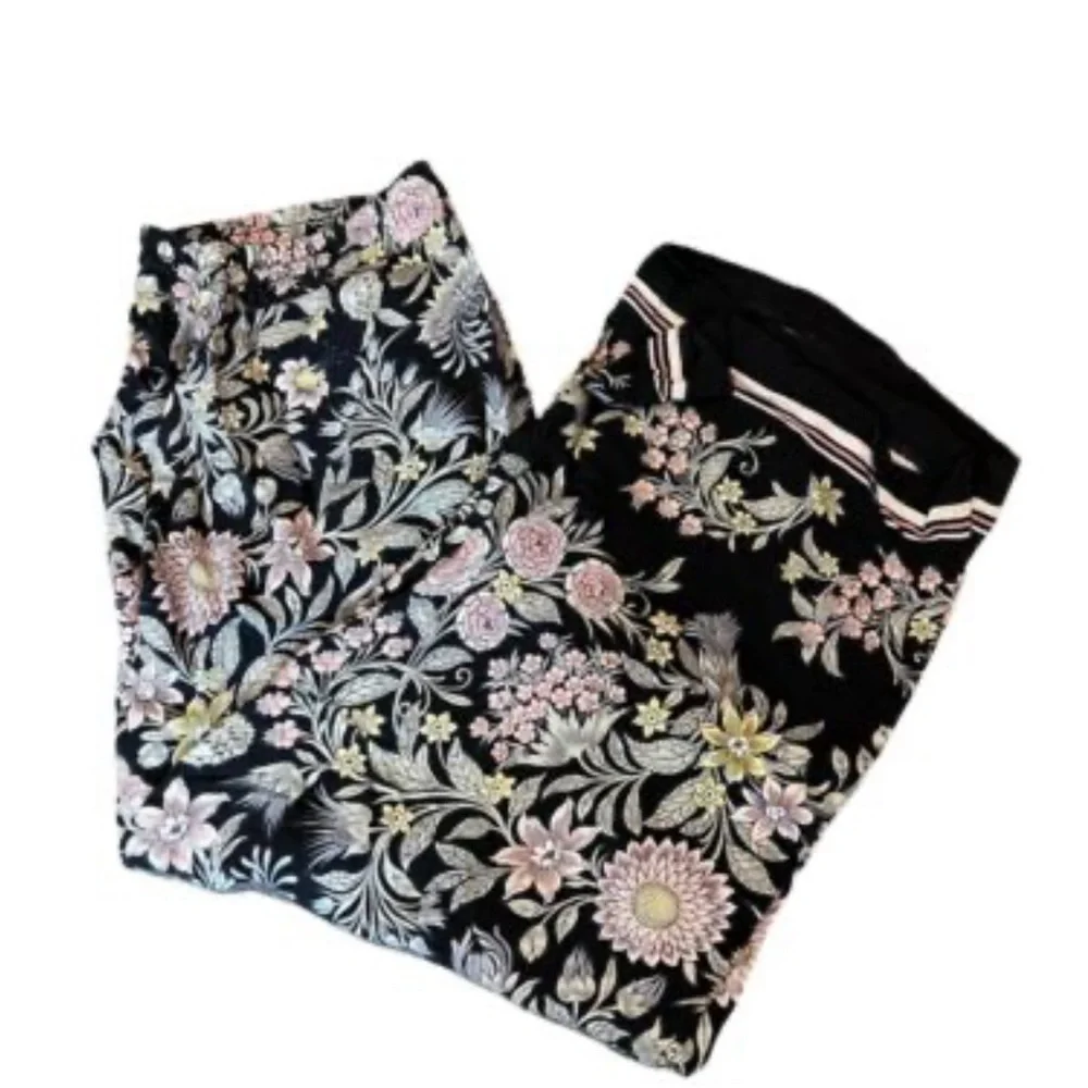 LOFT floral fluid palazzo wide leg elastic waist drawstring pants