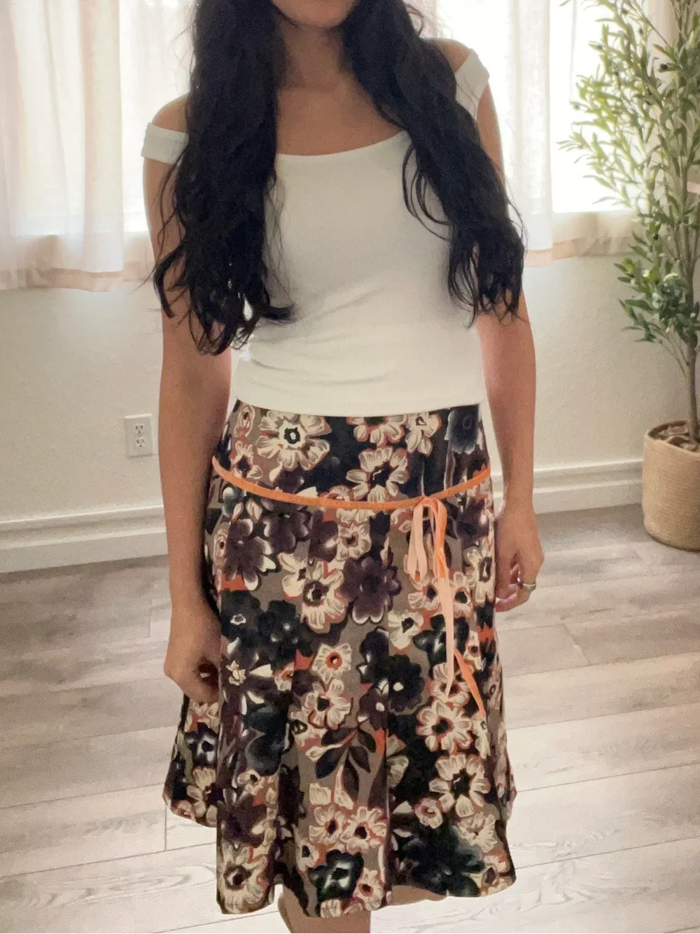 Floral A-Line Midi Skirt with Tie Waist - White Accents