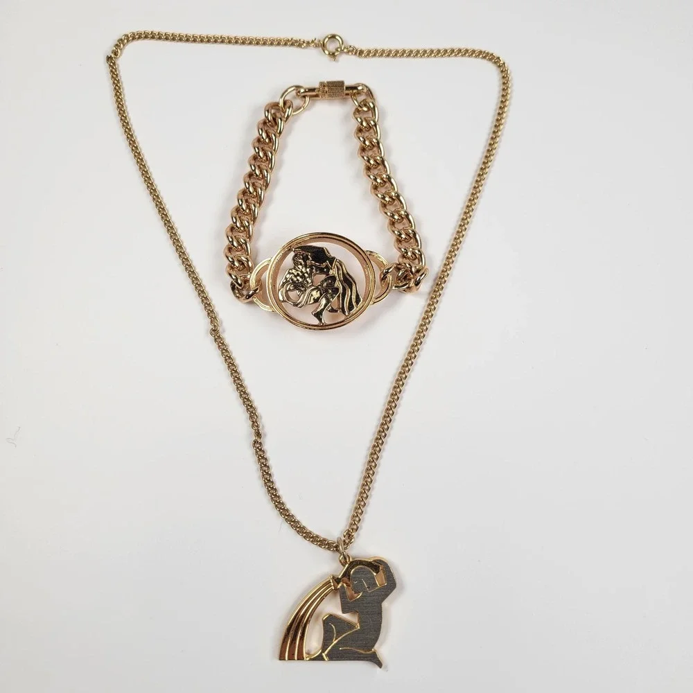 Aquarius‎ Necklace Bracelet Set Gold Tone Zodiac Horoscope Astrology Jewelry