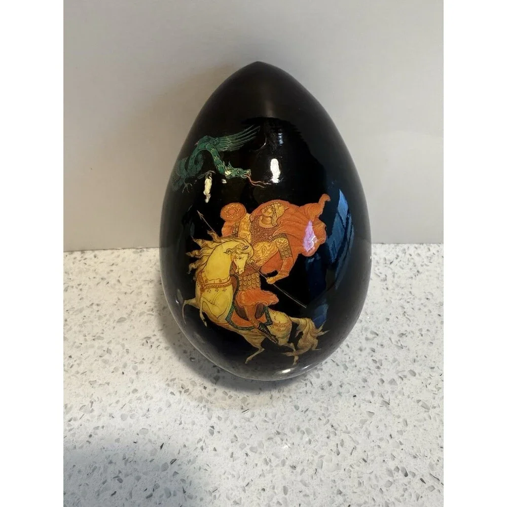 Vintage Russian Hand painted Lacquer Wooden Egg Fairytale Scene Signed 4
