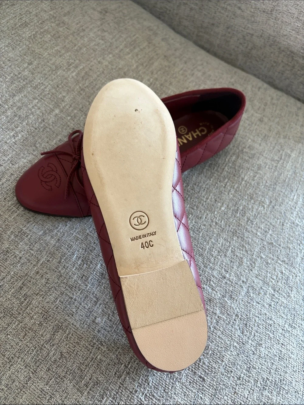 CHANEL Burgundy Quilted CC Bow Ballet Flats
