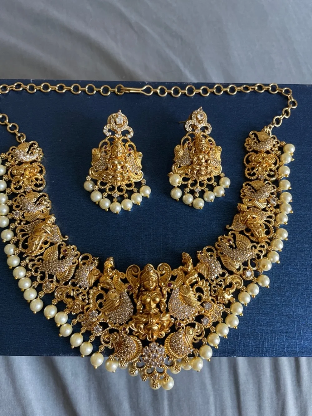 Traditional Gold-Tone Temple Necklace Set with Pearl Drops