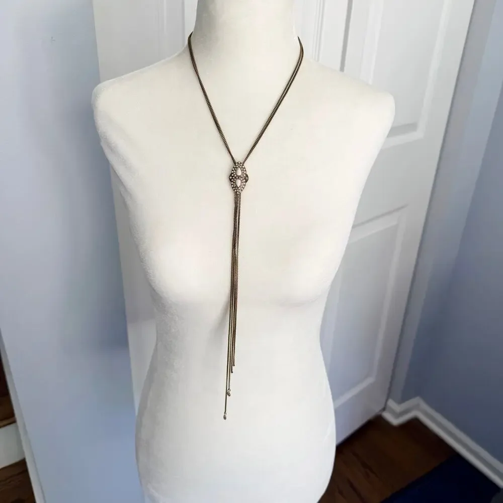 Vintage  Y Drop long rhinestone studded gold tone unique necklace