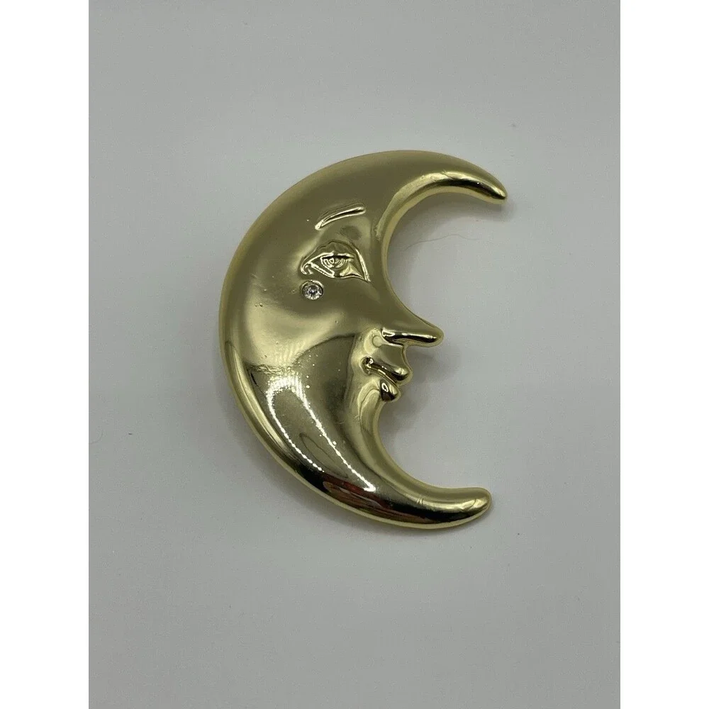 AJC Vintage Moon Pin Brooch Gold Face Crescent Rhinestone NOS Signed 80s