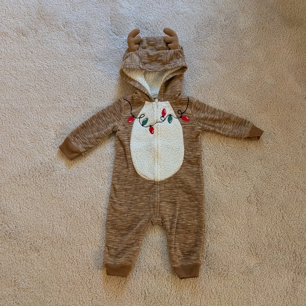 Carter's Baby Reindeer Zip Up Onesie Antler Hood Holiday Outfit Fleece