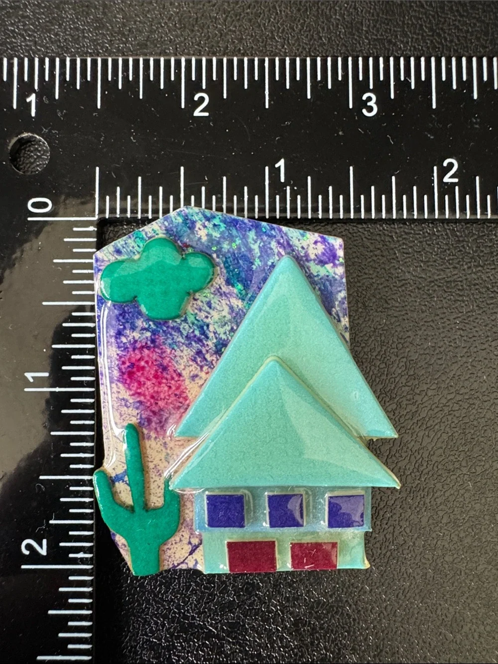 VTG House Pin by Lucinda Southwestern Desert House Brooch Cactus Moon Glitter