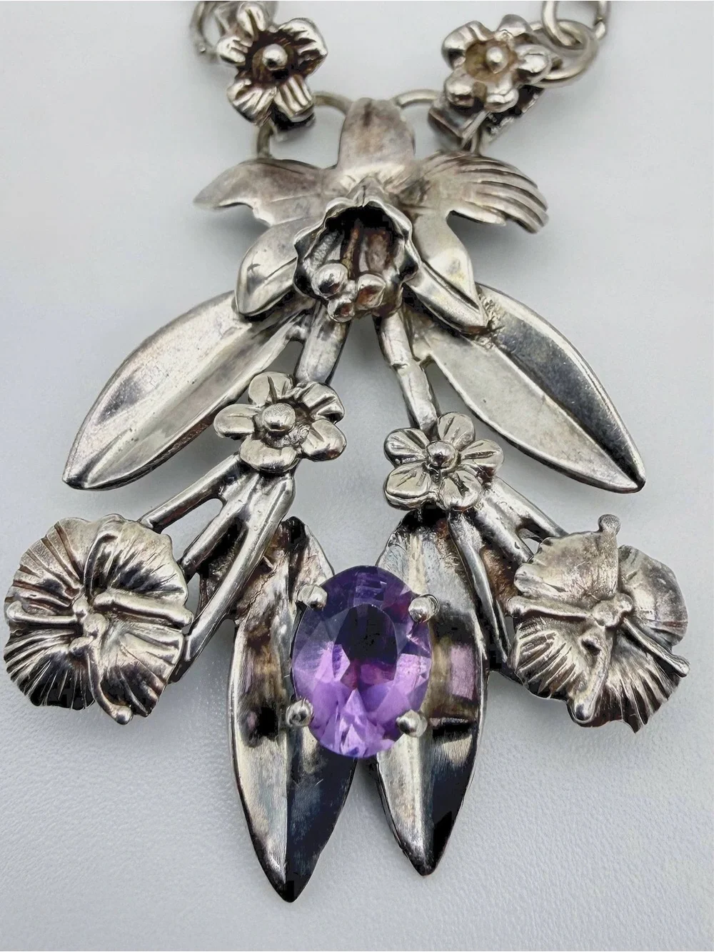Vintage 925 Sterling Silver 1.25Ct Natural Amethyst Stone Orchid Floral Necklace