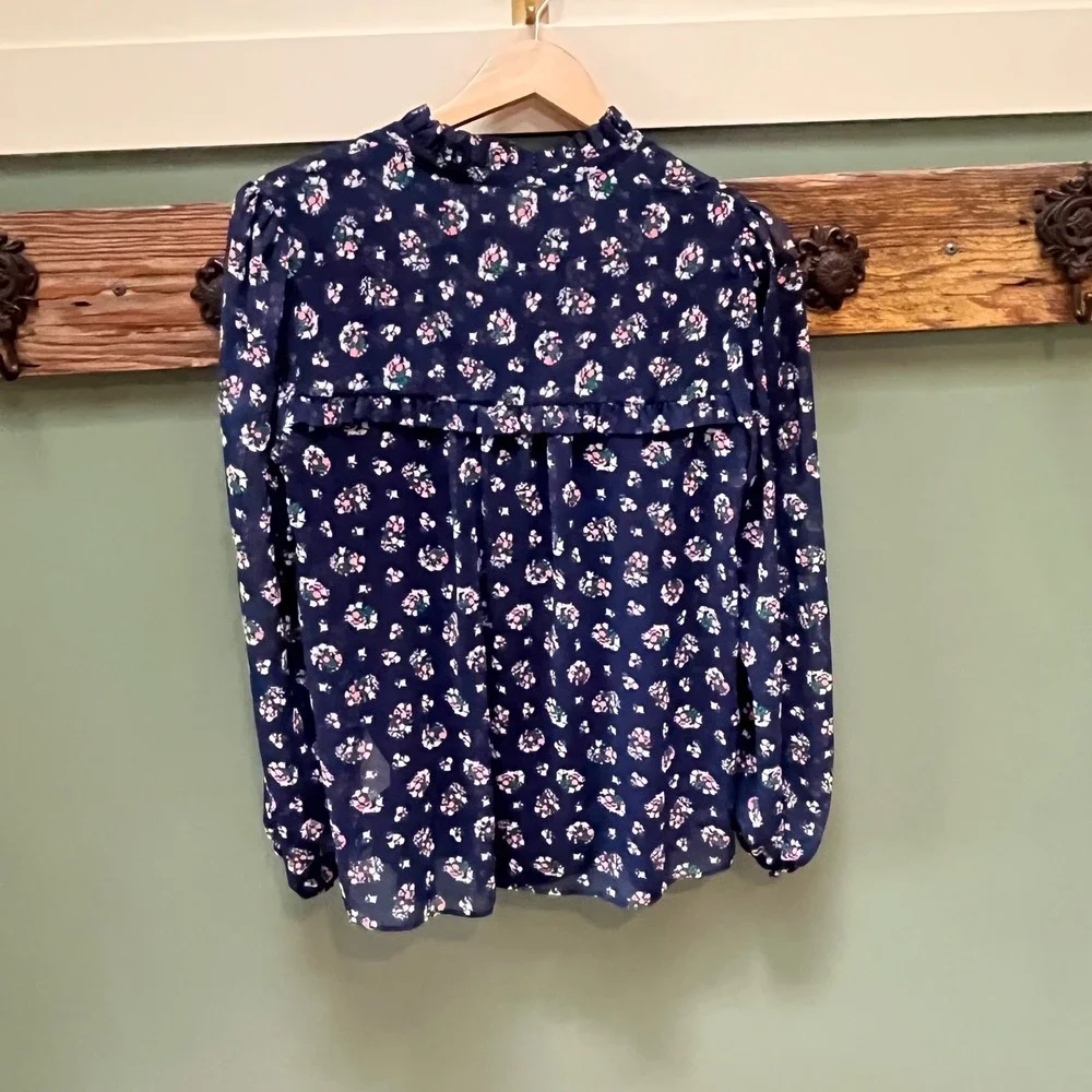 Boden Navy Blue Floral Ruffle High Neck Blouse W0289 Womens Size 6 Long Sleeve