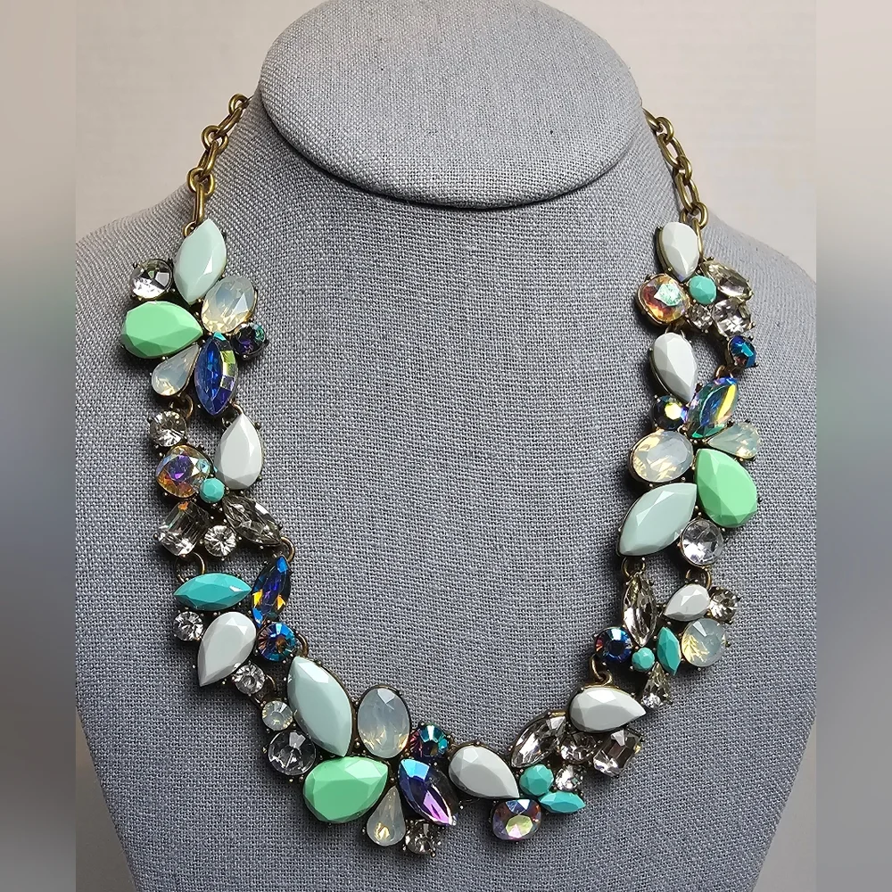 [J. Crew] Cluster Statement Necklace Mint Green, Gray White & Iridescent Stones