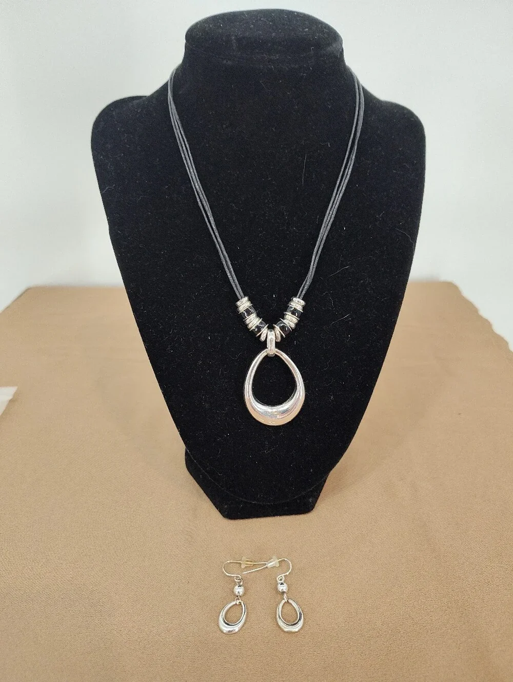 Silver Teardrop Pendant Necklace and Earrings Set - Black Cord