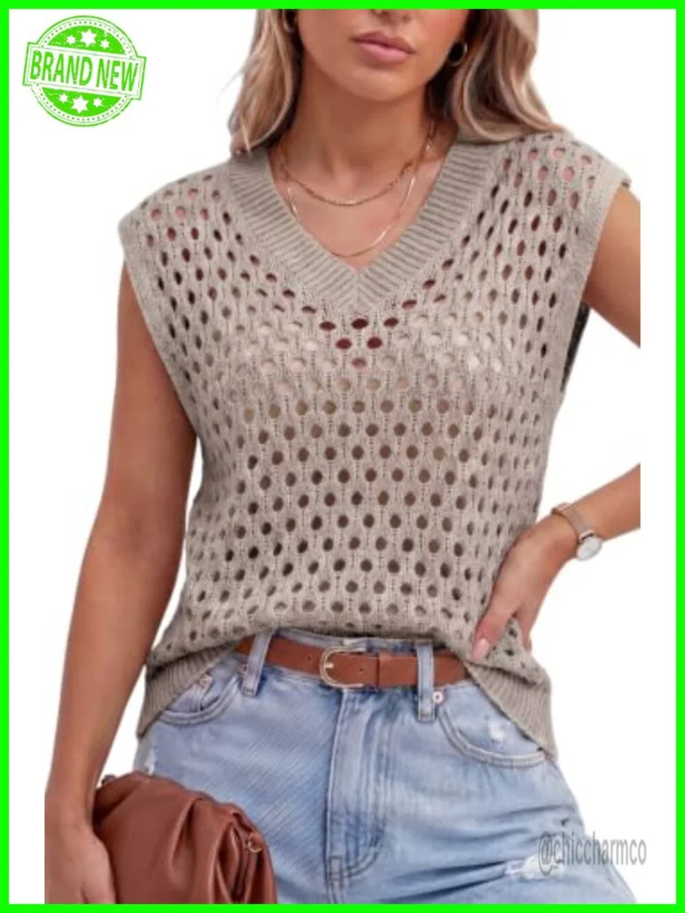 Women's Wool Blend Sleeveless Crochet Sweater Vest - Hollow Out V-Neck Pullover