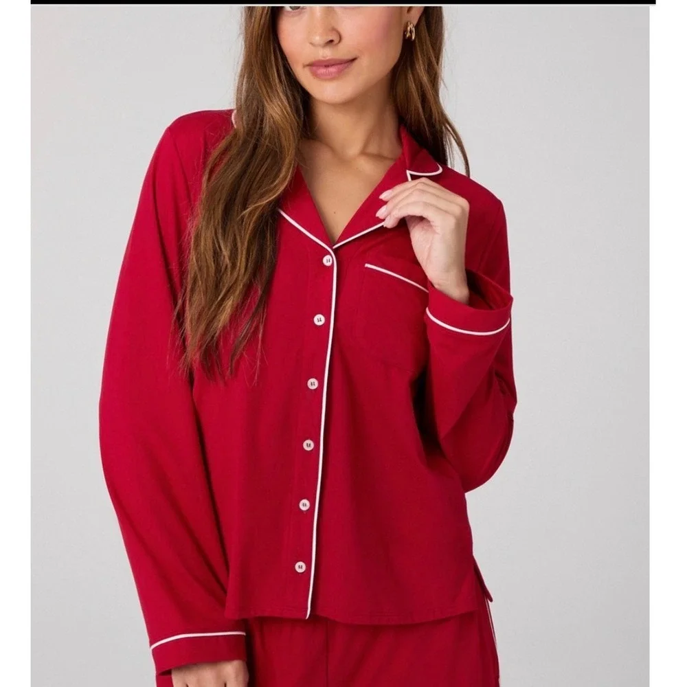 Yitty Cloud Jersey Sleep Set Holly Berry Red Long Sleeve Wide Leg Pajamas M NEW