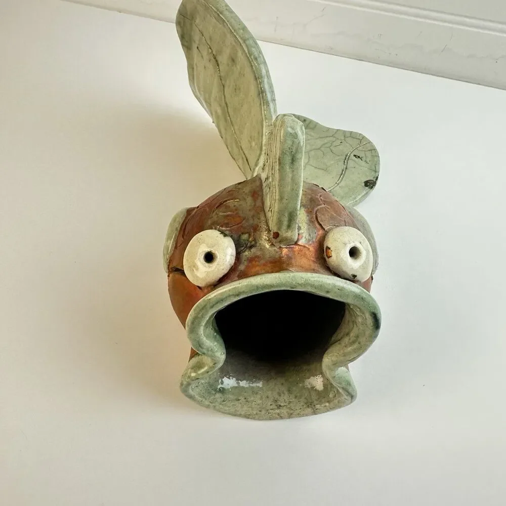 Artisan Raku Pottery Happy Surprised Fish Whimsical Coastal Beach Signed Ceramic