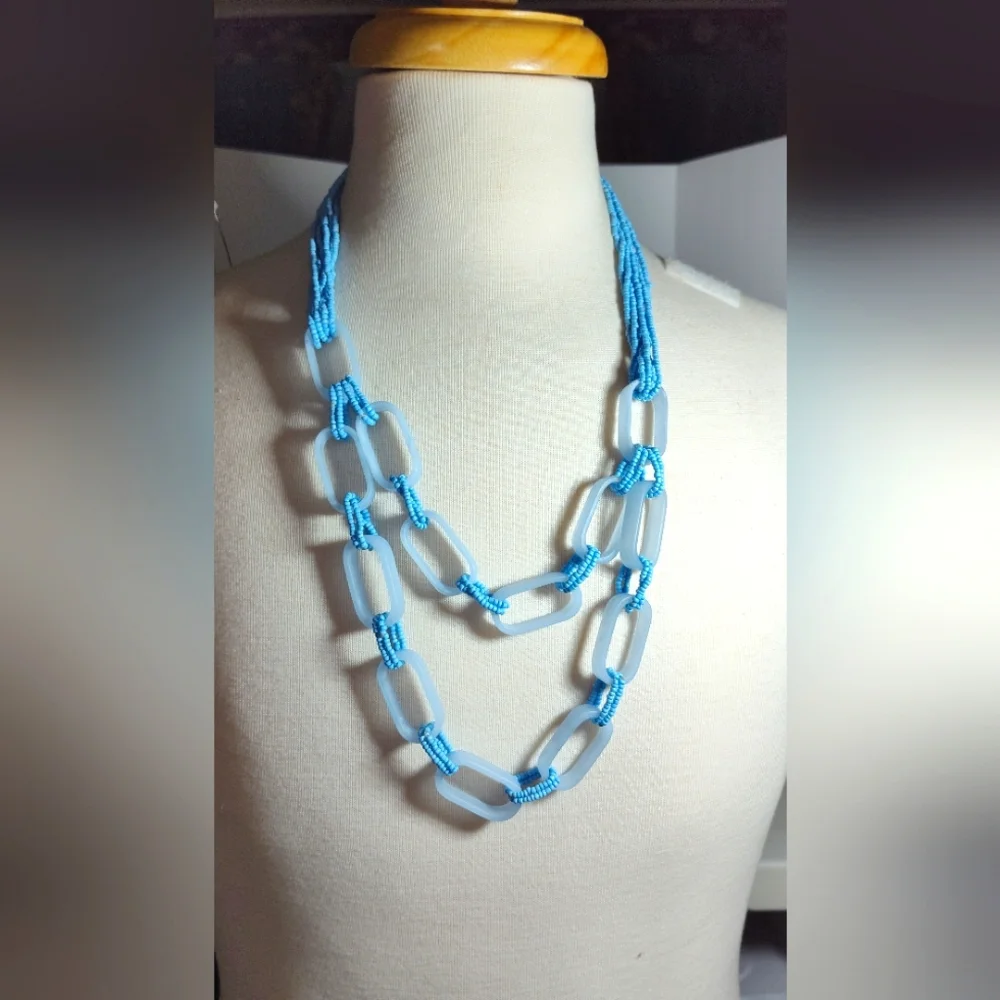 Blue and White Acrylic Disc Eith Blue Beads Necklace NWOT