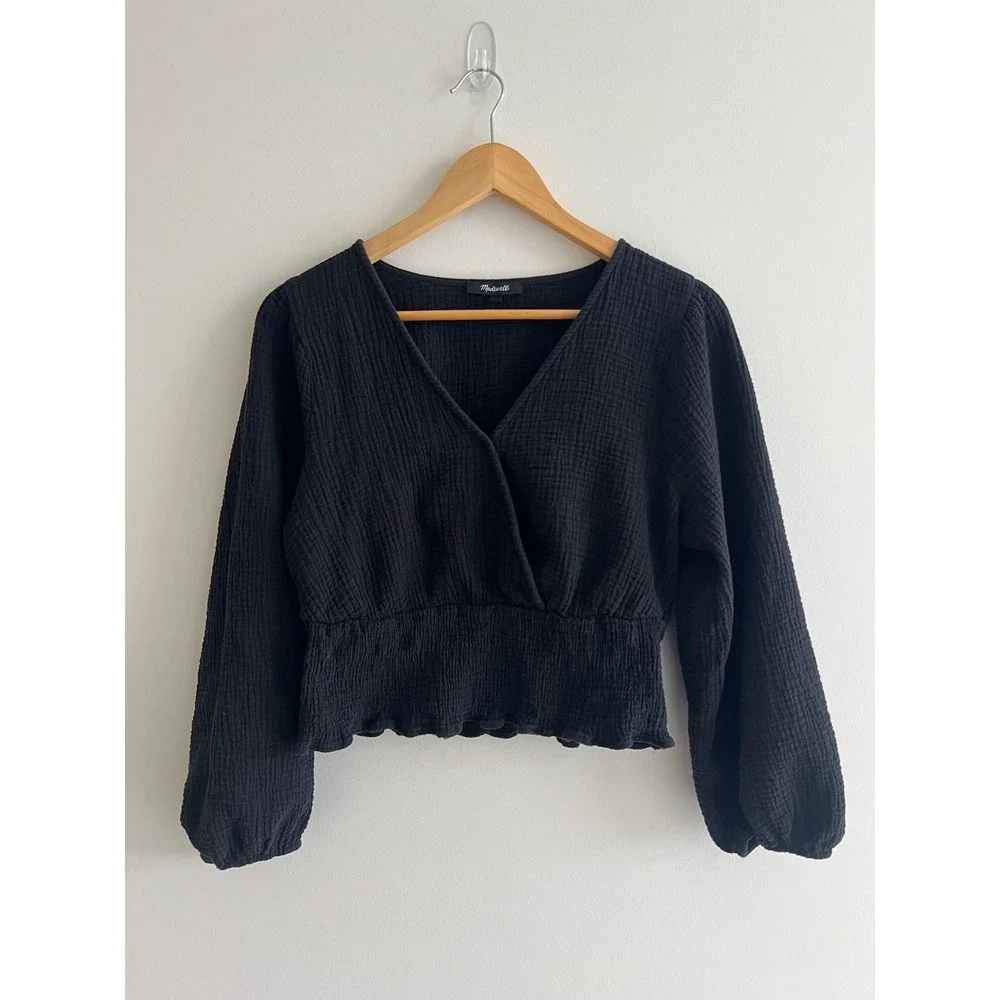 Madewell Lightspun Julianne Smocked Waist Top Black Gauze Crop Large Boho Spring