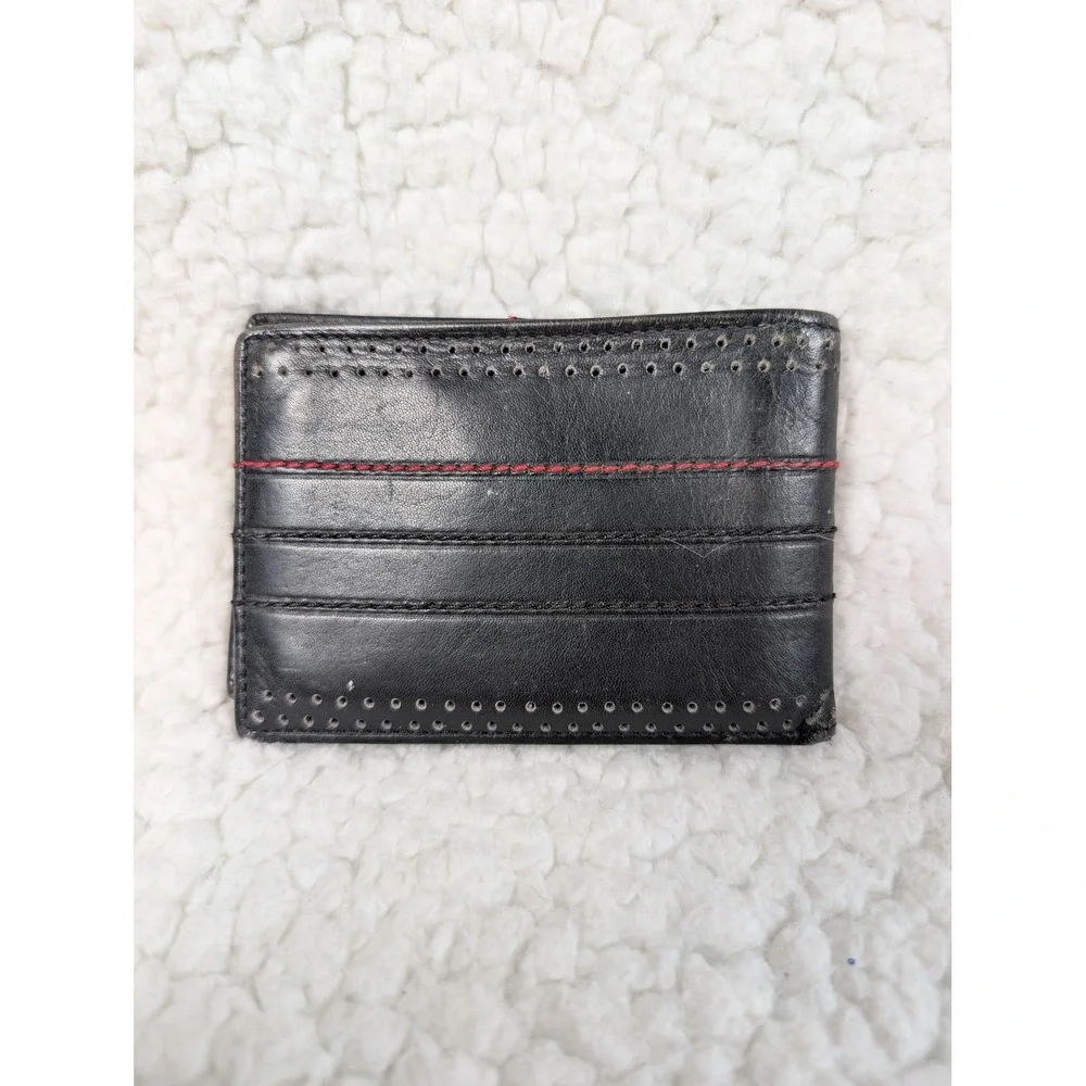Tumi Mens Black Leather Perforated Bifold Wallet Red Stitching Slim Billfold