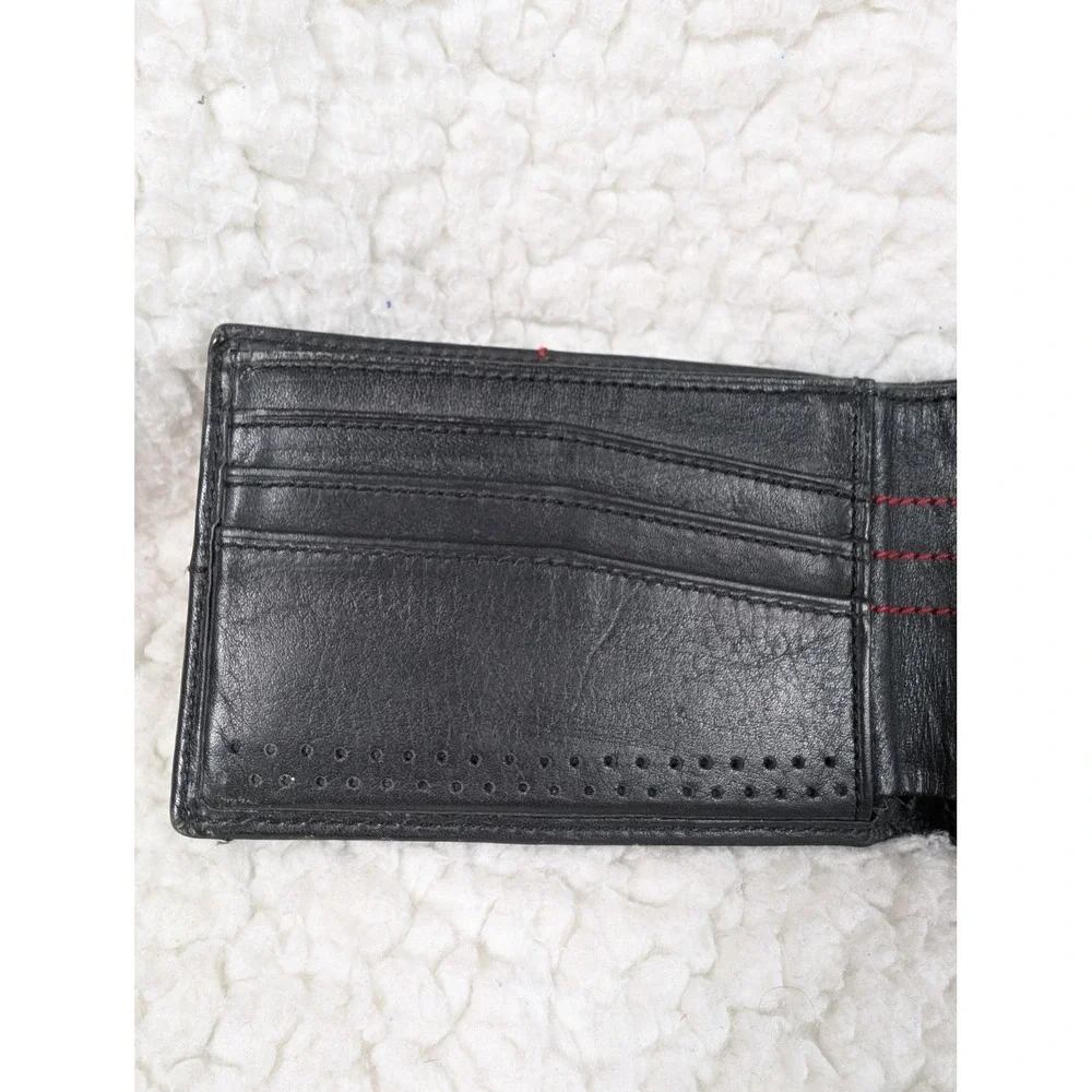 Tumi Mens Black Leather Perforated Bifold Wallet Red Stitching Slim Billfold