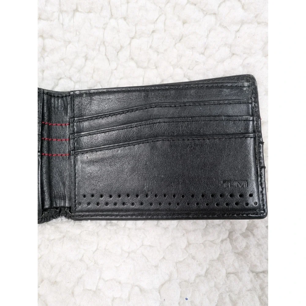 Tumi Mens Black Leather Perforated Bifold Wallet Red Stitching Slim Billfold