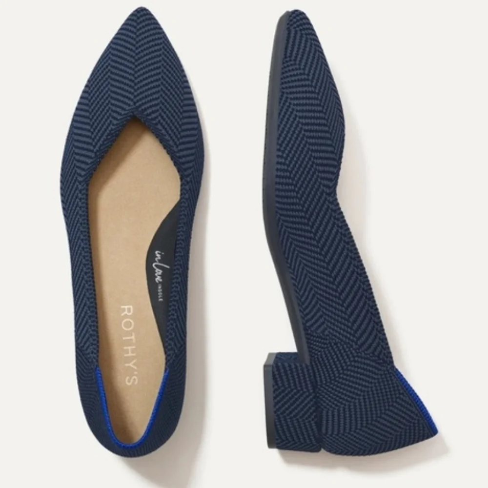 NIB‎ Rothy’s The High Point Navy Herringbone Low block Heels 12.5