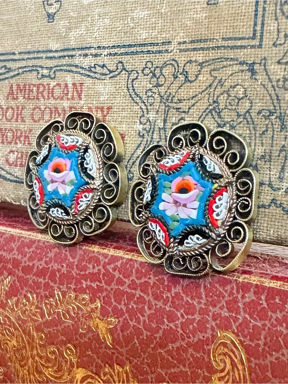 Vintage Italian Micro Mosaic Clip On Earrings Filigree Millefiori Floral
