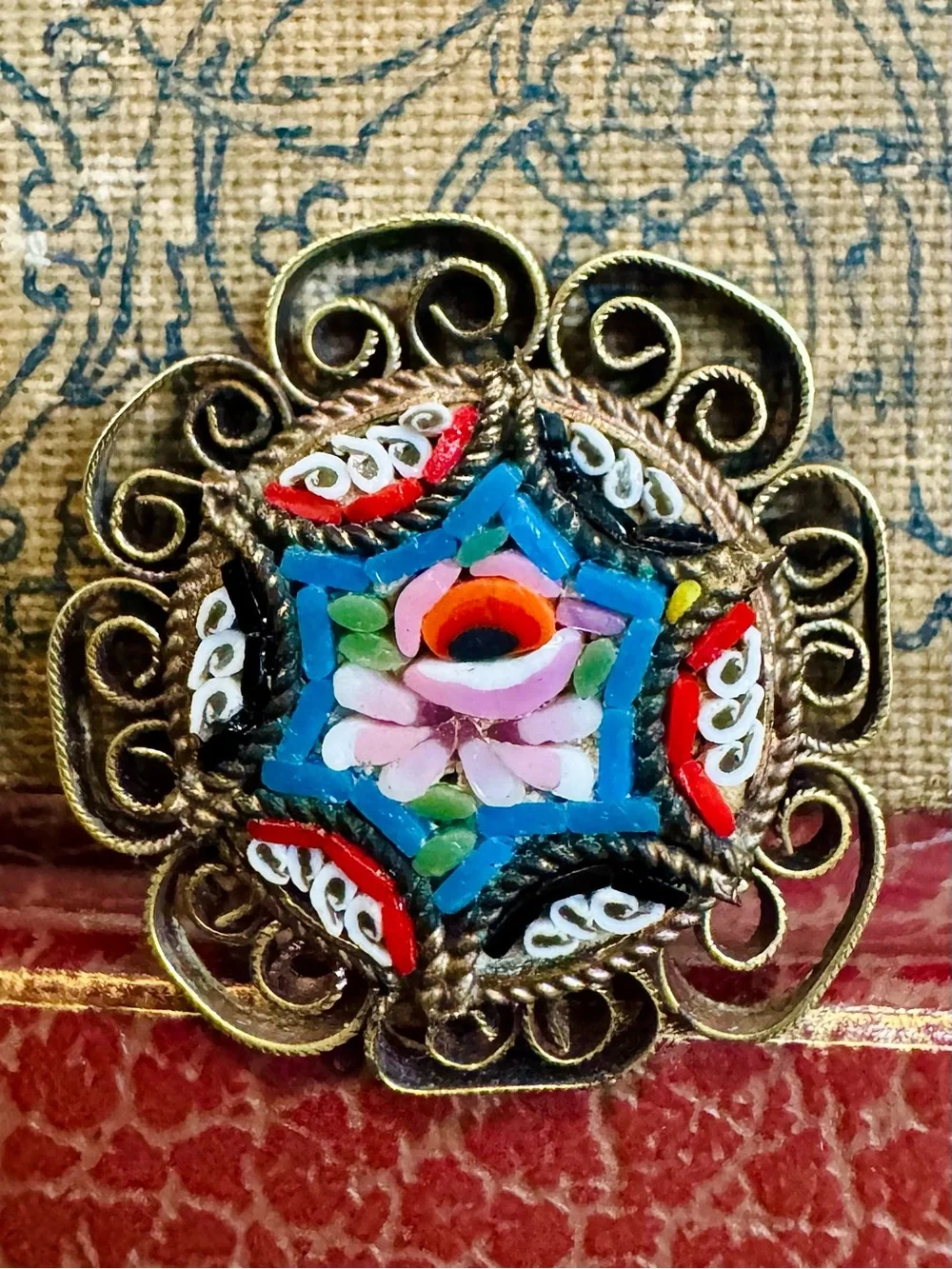 Vintage Italian Micro Mosaic Clip On Earrings Filigree Millefiori Floral