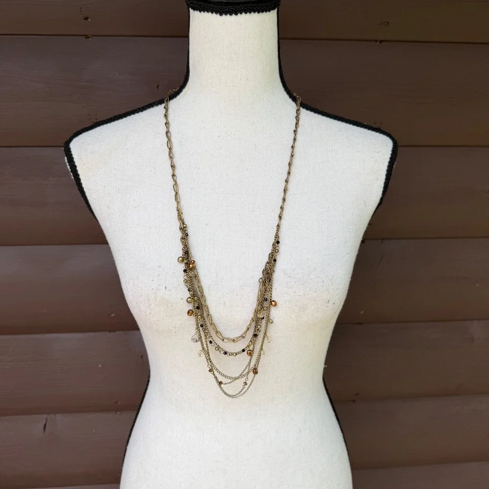 Coldwater Creek Vtg Style Antique Brass Multi Strand Layered Statement Necklace