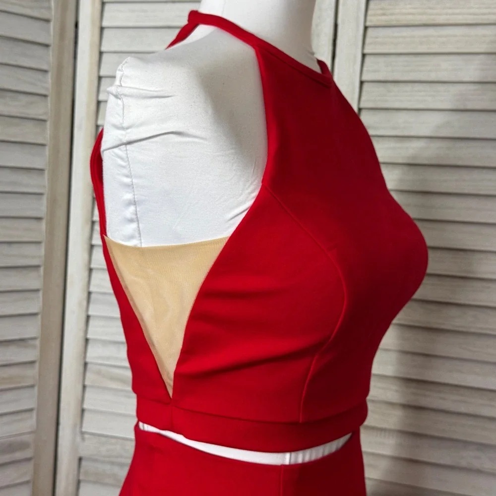 Sherri Hill Red 2 Piece Gown Halter Crop Top Mermaid Train Skirt Glam Slit‎ Sz 4