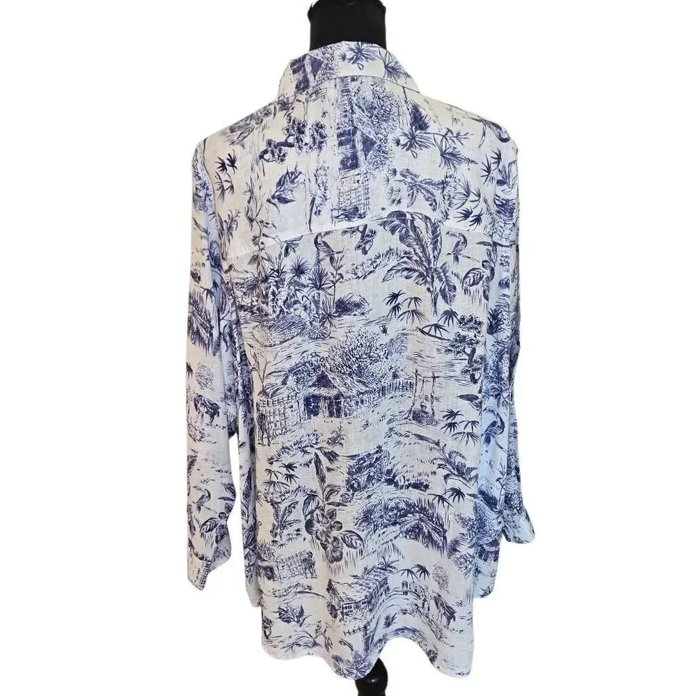 Joie Womens Tropical Print Linen Tunic Button Up Shirt Blue White Size 2X