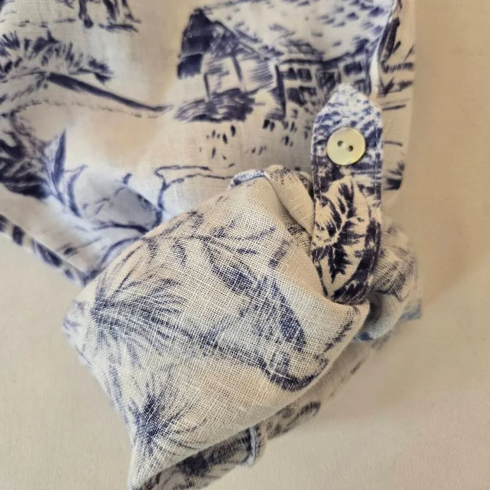 Joie Womens Tropical Print Linen Tunic Button Up Shirt Blue White Size 2X