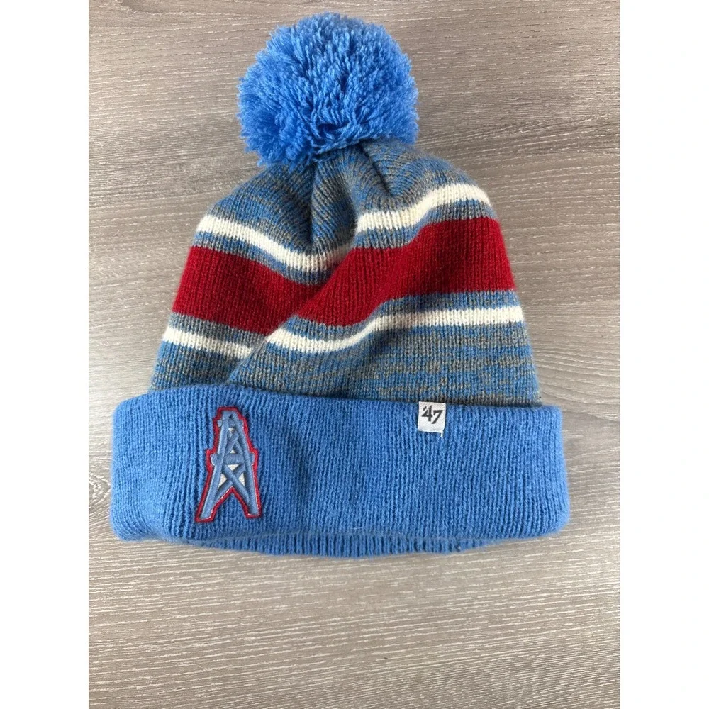 47 Brand Houston Oilers Beanie Hat Blue‎ Red Striped Knit Pom Cuffed OSFA NFL