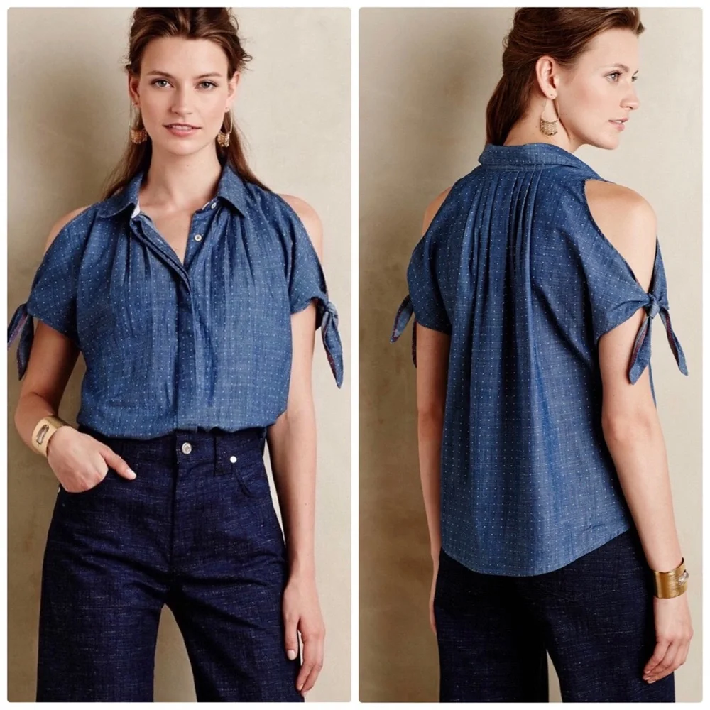 🆕 Holding Horses‎ Split Sleeve Chambray Blue Top 8