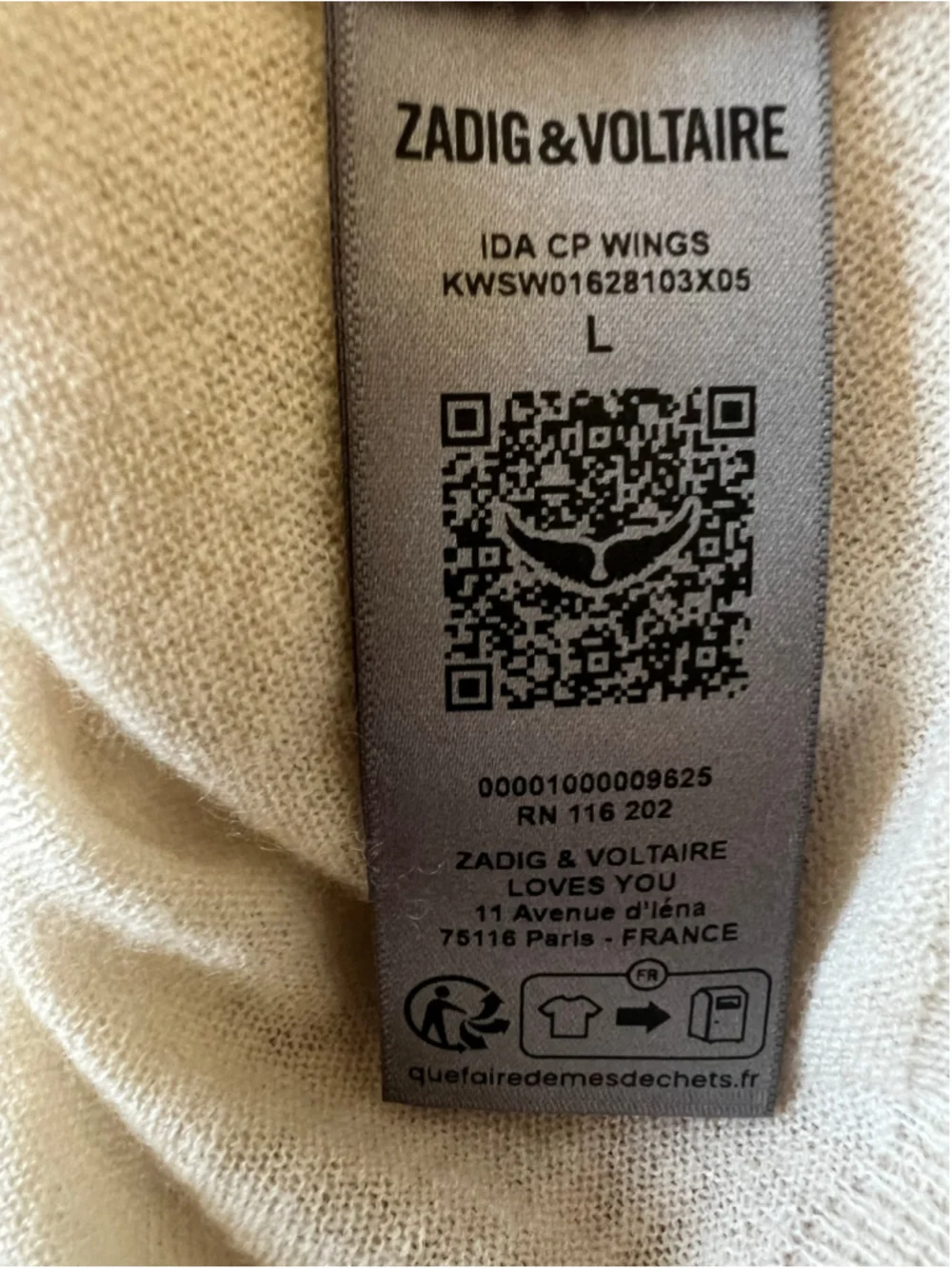 Zadig & Voltaire Beige Cashmere Short Sleeve Tee L Wings on Back Luxury