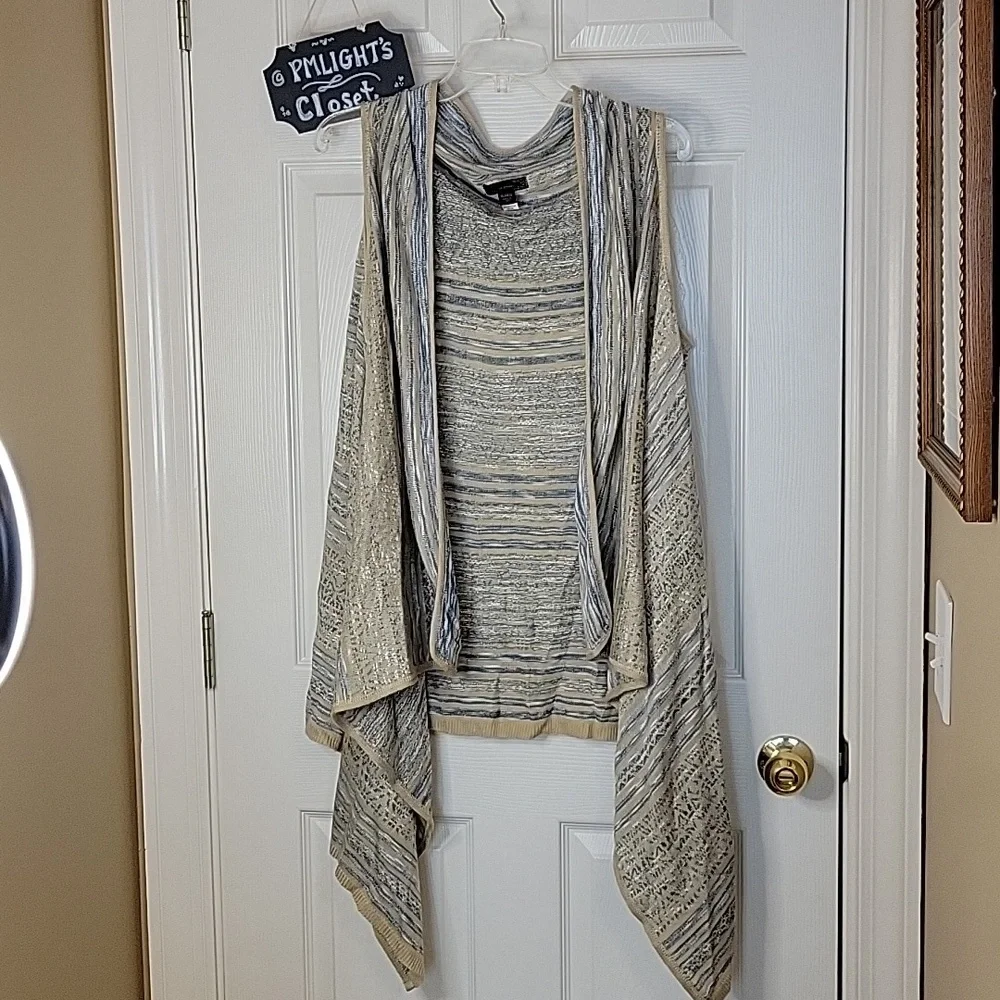 JW Style XL Open Cardigan Sweater Vest Tan Blue White Stripe
