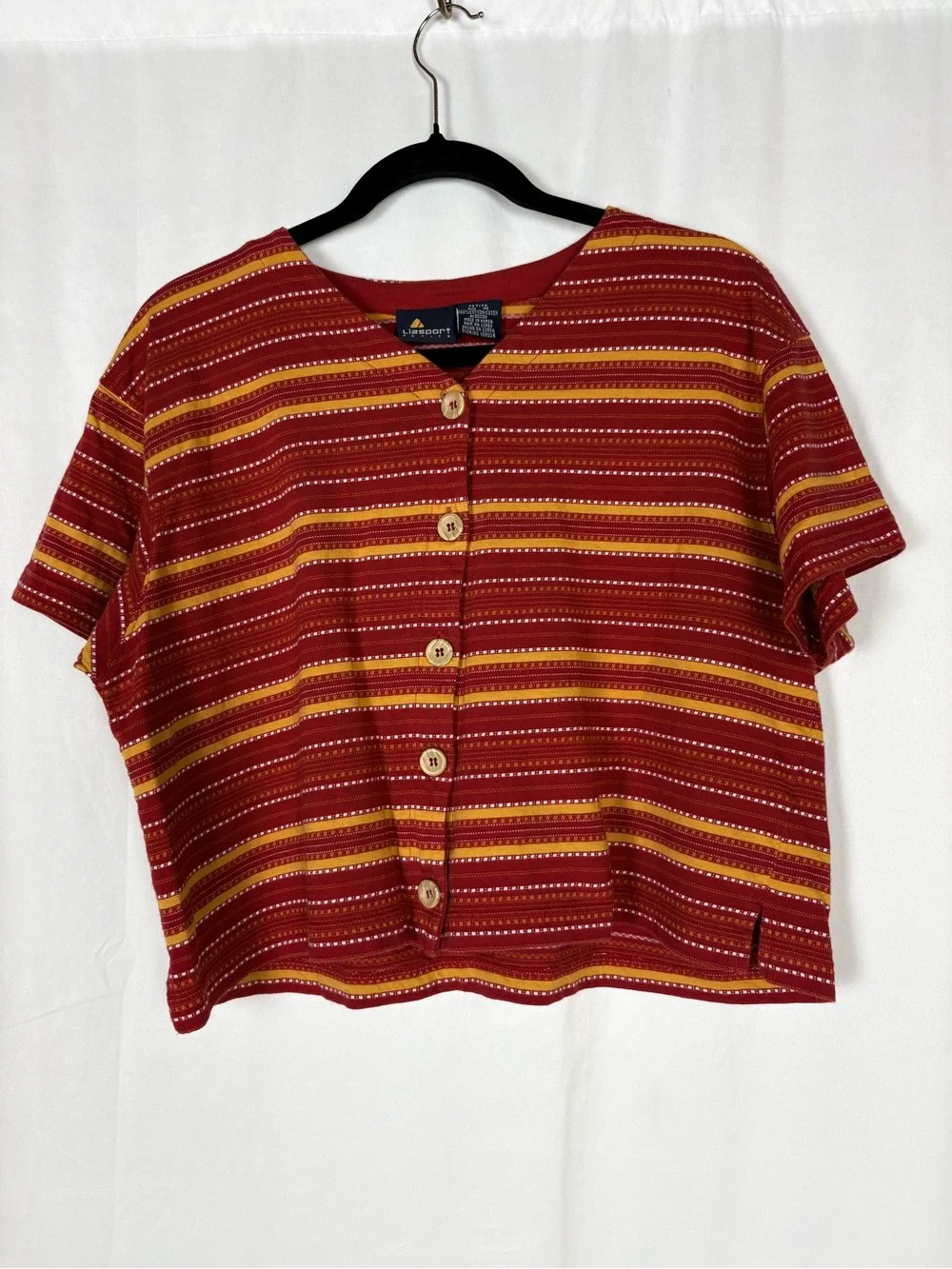 Cropped Red & Yellow Striped Button-Up Women's Top
