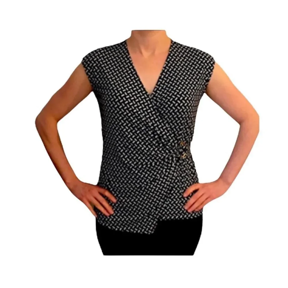Jones New York Black & White V-Neck Blouse
