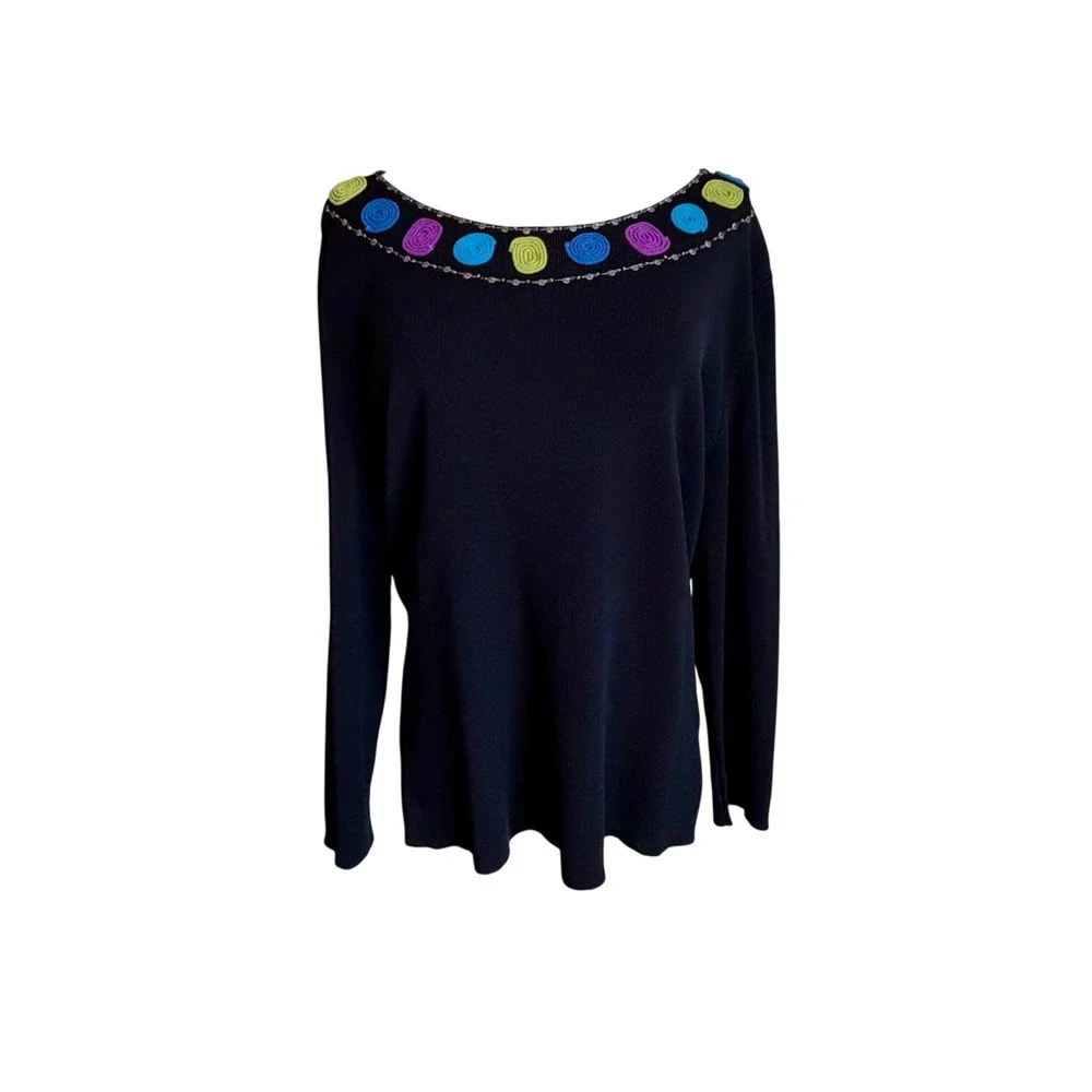 Ruby Rd Womens XL Black Knit Top Embellished Spiral Neckline Long Sleeve NWT