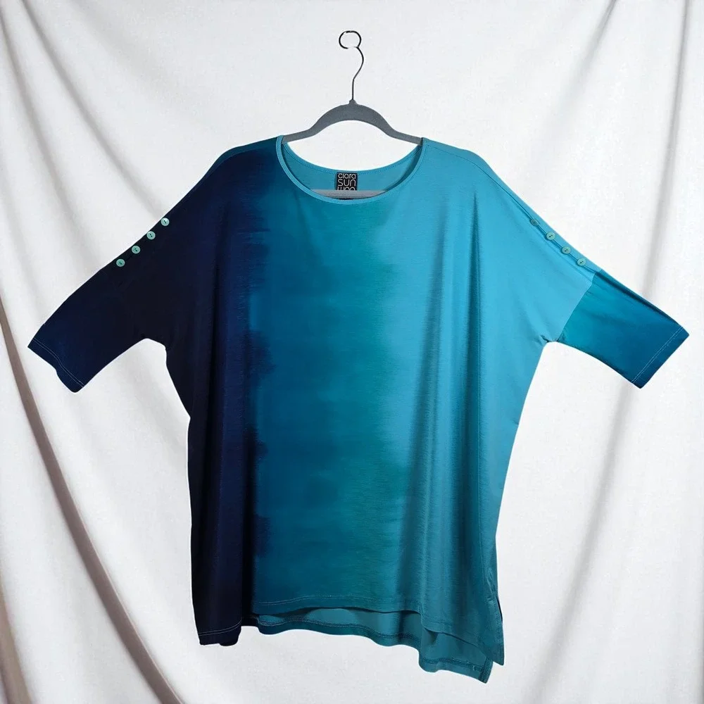 Clara Sun Woo Button Sleeve Ombre Top Tunic Blouse‎ Teal Blue Woman Small Artsy