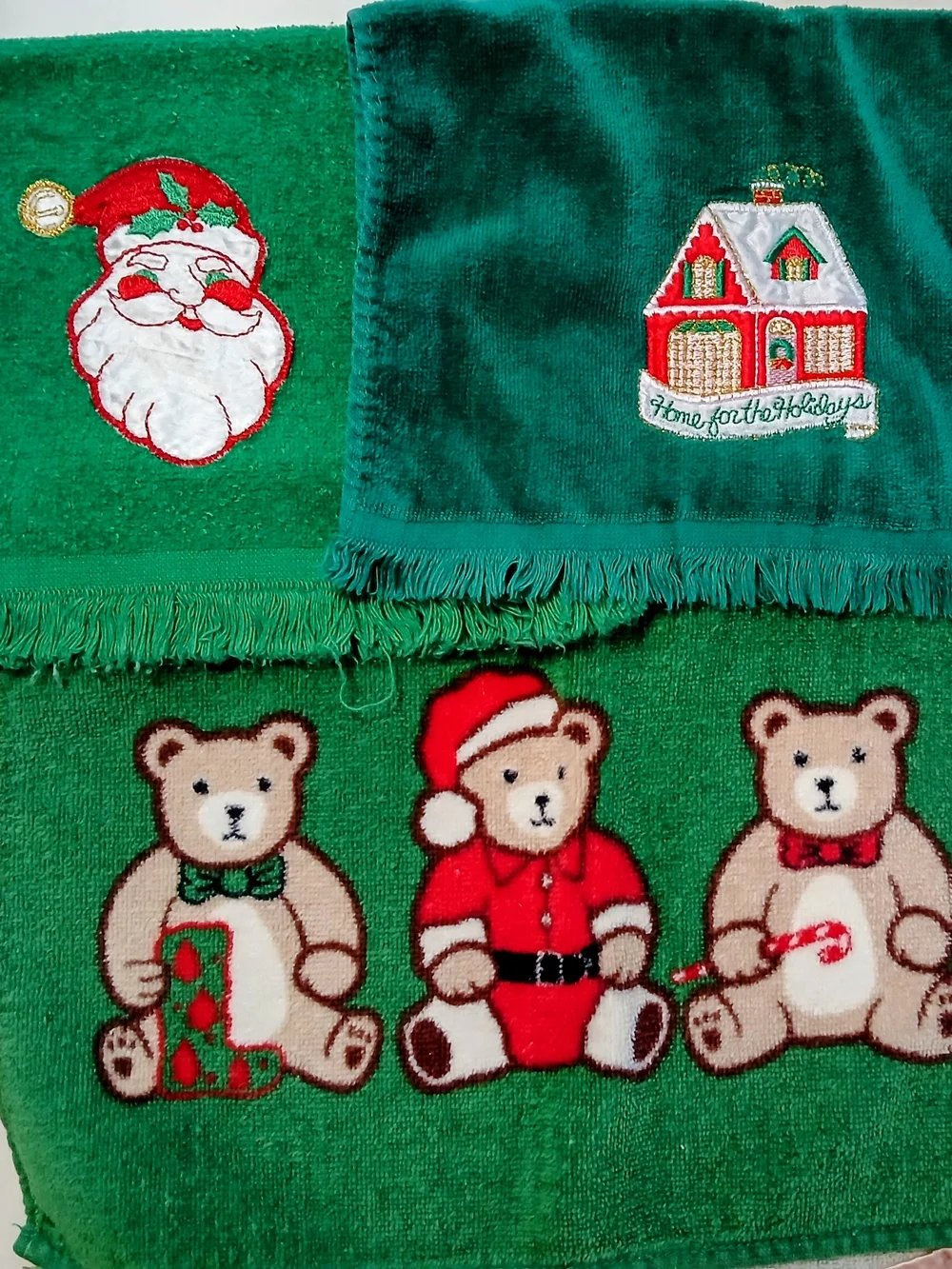 White Holiday Embroidered Fringe Kitchen Towels - Festive Snowman & Santa