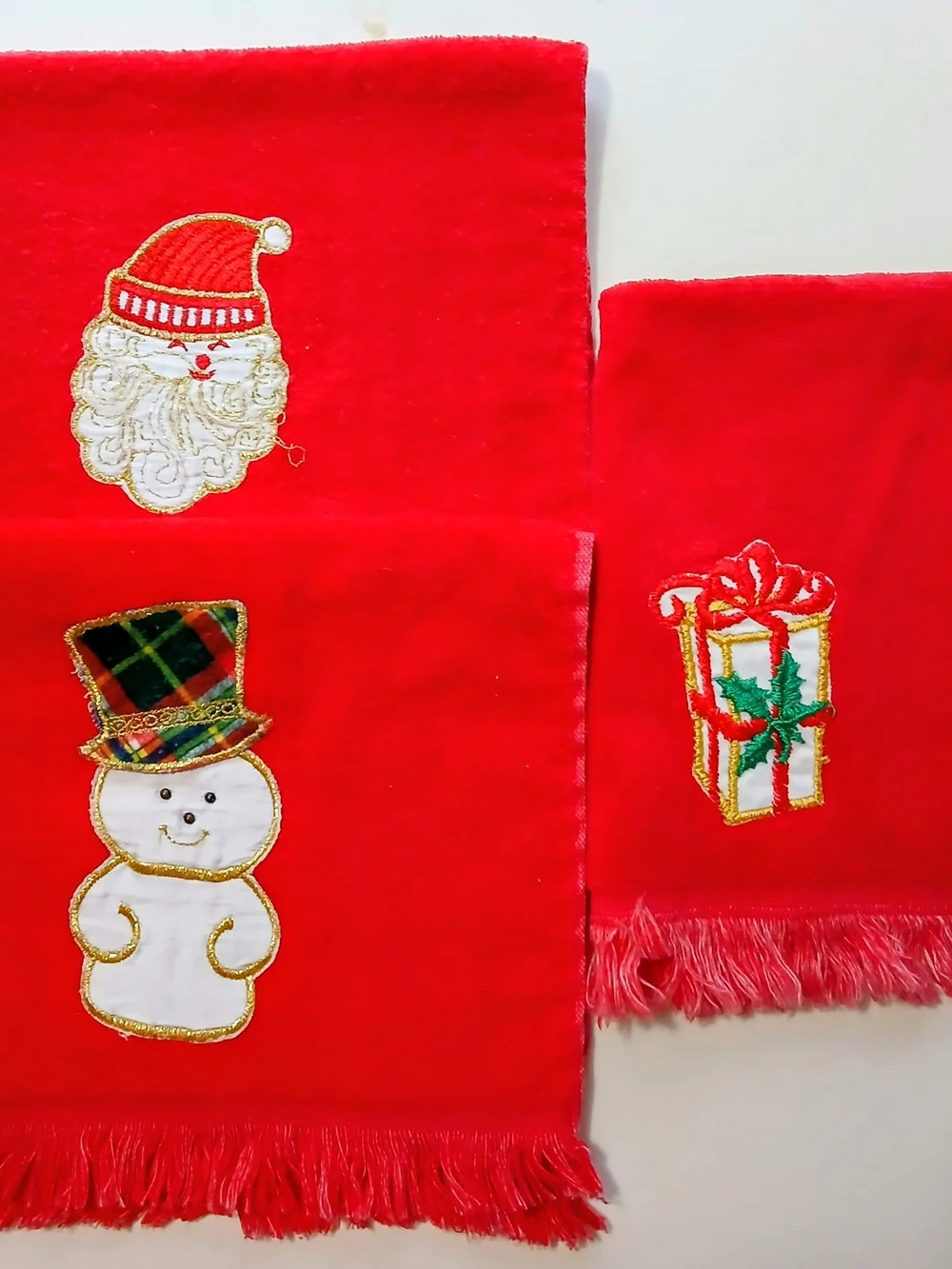 White Holiday Embroidered Fringe Kitchen Towels - Festive Snowman & Santa