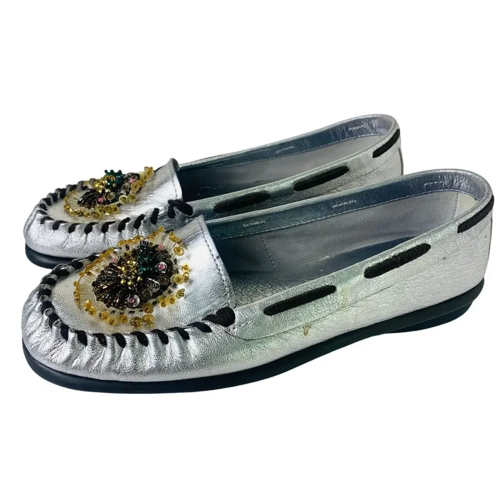 Aerosoles Jamboline Silver Leather Beaded Loafers Womens 6B Comfort Flats