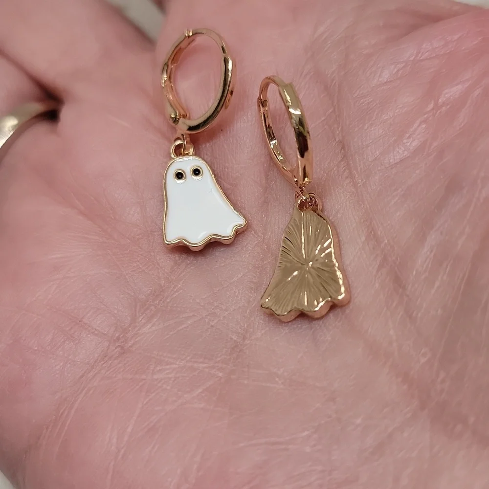 Halloween Ghost Earrings Dangling Huggie White Gold Tone 1.18