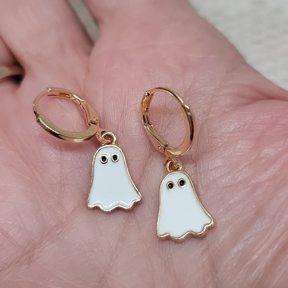 Halloween Ghost Earrings Dangling Huggie White Gold Tone 1.18