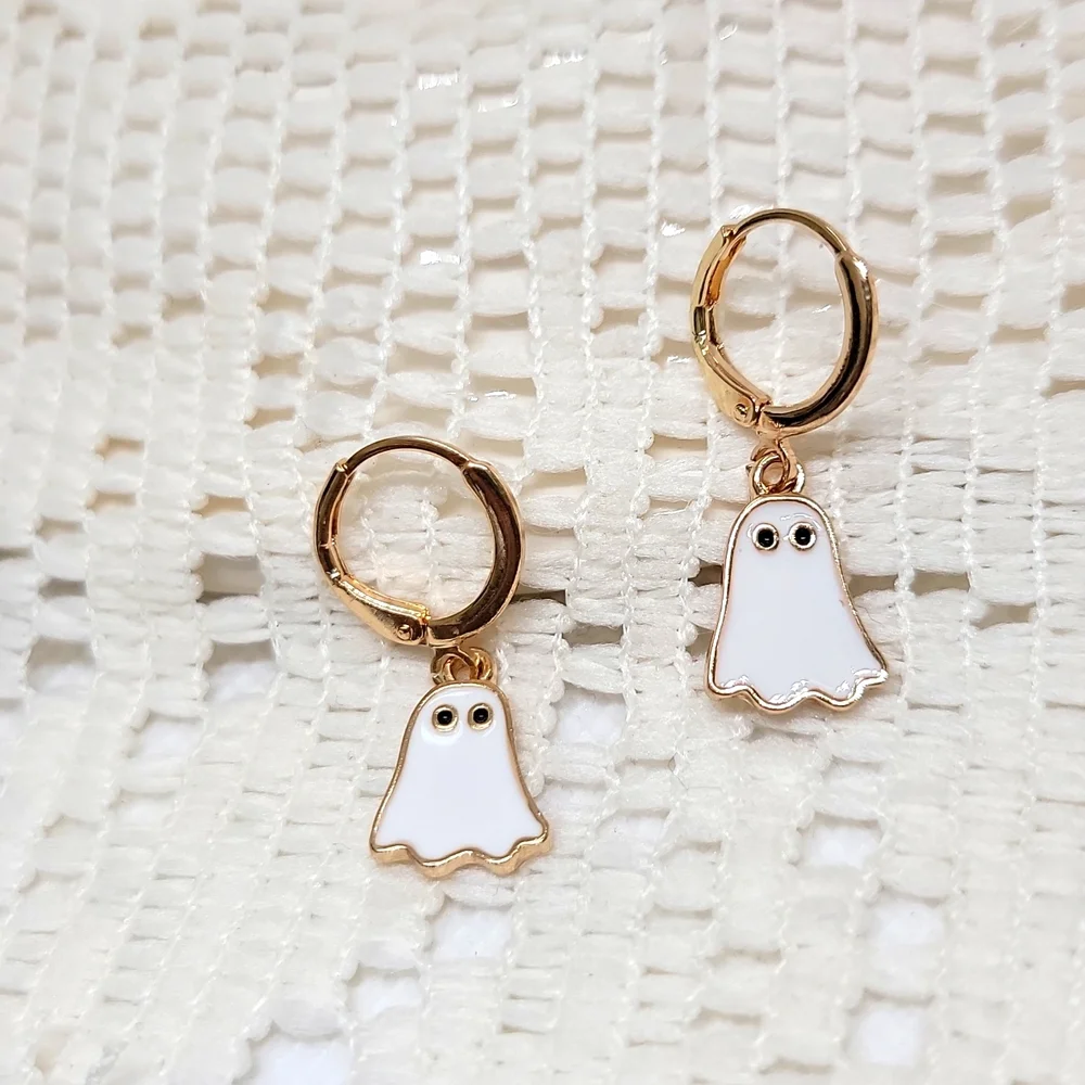 Halloween Ghost Earrings Dangling Huggie White Gold Tone 1.18