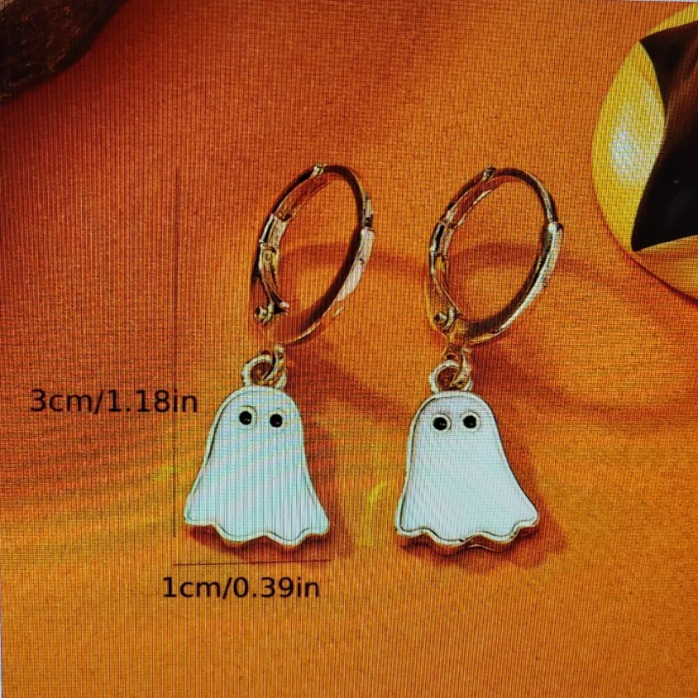 Halloween Ghost Earrings Dangling Huggie White Gold Tone 1.18