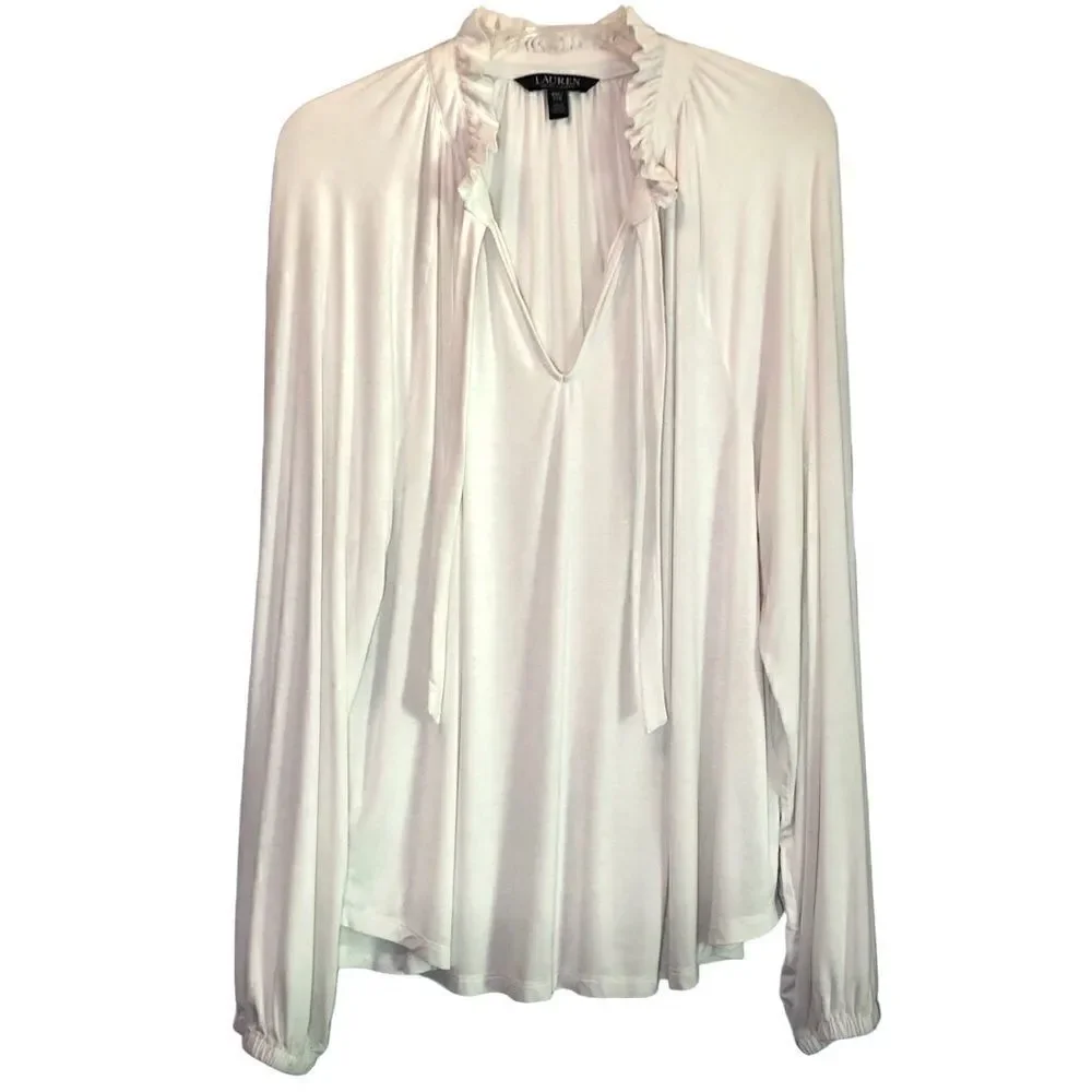 Lauren Ralph Lauren Black Label Knit Top with Ruffle Collar in Cream Women’s XXL