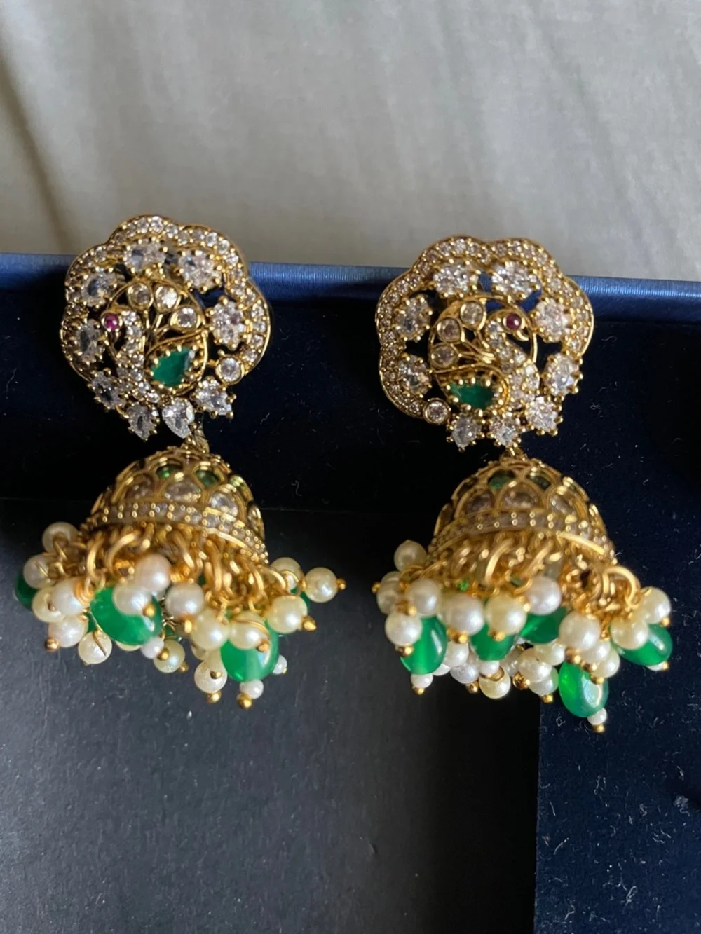 Gold-Tone Green and White Jhumka Earrings with Pearls
