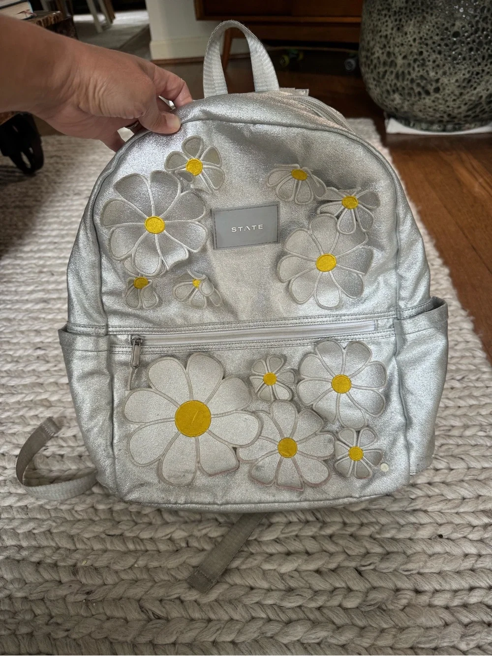 STATE Silver Backpack with Yellow Daisy Appliqués