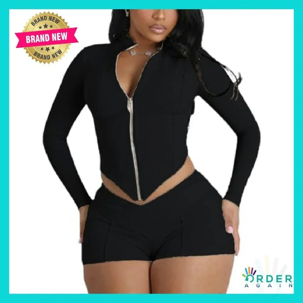 Sexy Stretchy Two Piece Club Outfit Long Sleeve Top Shorts Set Y2K