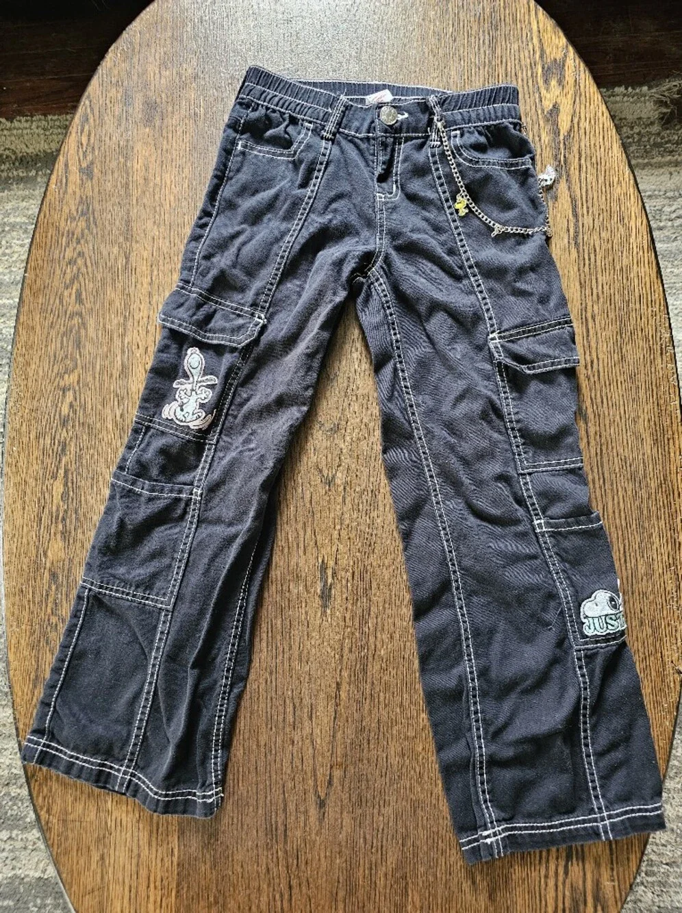 Justice Snoopy Black Cargo Pants with Embroidered Patches And Chain Size Girls 8