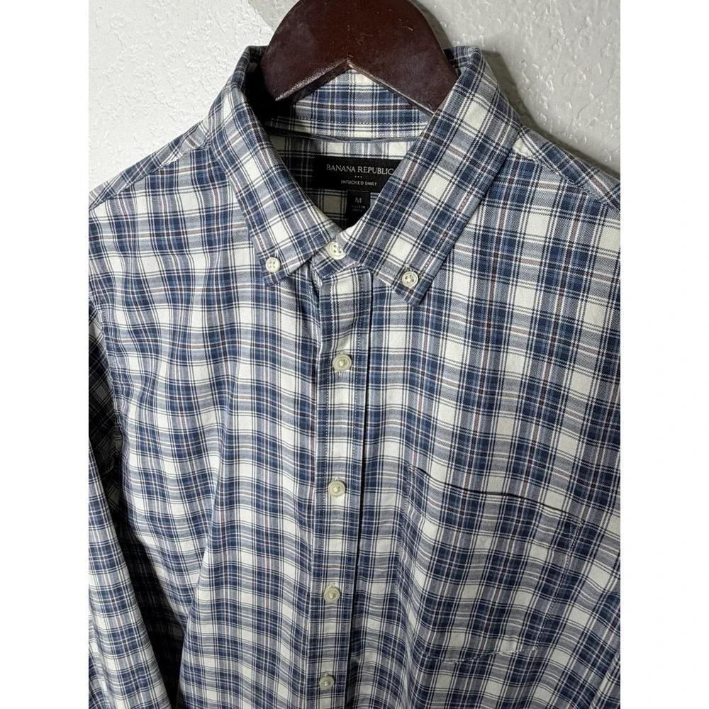 Banana Republic Mens Medium Untucked Shirt Blue Plaid Button Front 100% Cotton